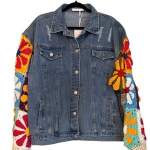 Miracle Medium Wash Granny Square Crochet Distressed Denim Jean Jacket M/L
